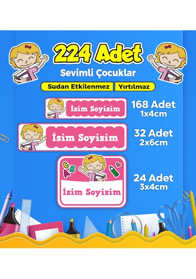 Sevimli Çocuklar Temalı Okul Kreş Kişiye Özel İsim Etiket Seti - Model 243 Çok Renkli