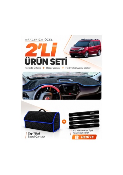 Fıat Doblo 2015-2023 Uyumlu Torpido Örtüsü + Tay Tüyü Bagaj Çantası + Sticker Seti - Siyah Mavi