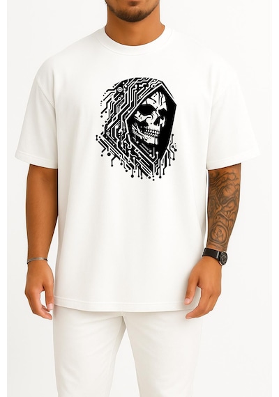 Bahriyeli Collection Oversize Hacker Skull Göğüs Ve Sırt Tasarımlı Unisex T-shirt Beyaz