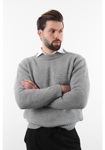 Madmext Gri Bisiklet Yaka Overfit Erkek Triko Kazak E7402 Gri