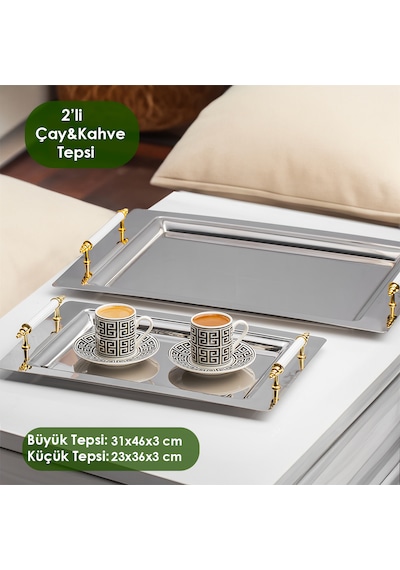 Porsima Saray 2'li Paslanmaz Çelik Kahve-sunum Tepsisi Beyaz Gold
