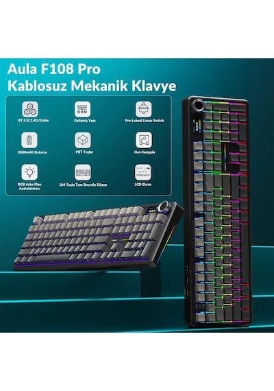 Aula F108 Pro Ekranlı Mekanik Klavye Zephyr Switch Rgb Hot Swap 8000mah Makrolu Oyuncu Klavyesi Gri