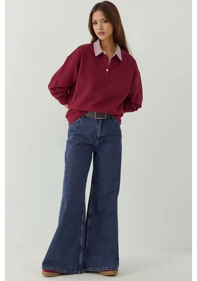 Hiccup Dokuma Garni Detaylı Oversize Polo Yaka Sweatshirt Bordo Kırmızı