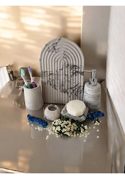 Marble Serisi Antrasit 5 Li Beton Banyo Seti, Sıvı,katı Sabunluk,diş Fırçalık,tepsi,aksesuar,dekor Gri