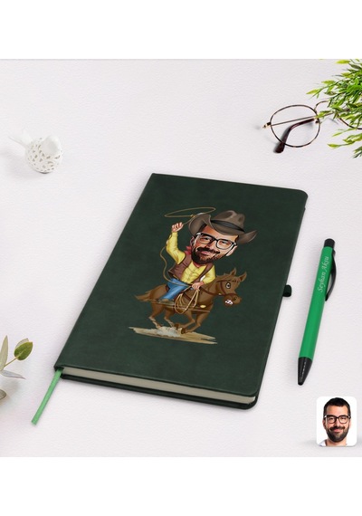 Kişiye Özel Kovboy Karikatürlü Yeşil Termo Deri Defter Kalem Seti N11.840