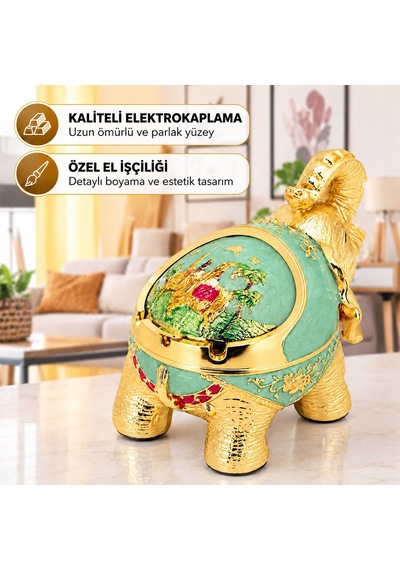 Tekno Hediye Sunup Fil Figürlü Sürgülü Dekoratif Küllük Su Yeşili Altın Detaylı Kapaklı Masa Sehpa Küllüğü Hediyelik