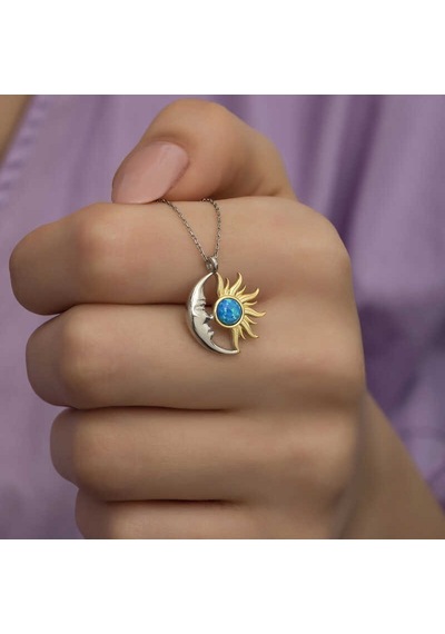 Gümüş Opal Mavi Taşlı Ay Güneş Kadın Kolye