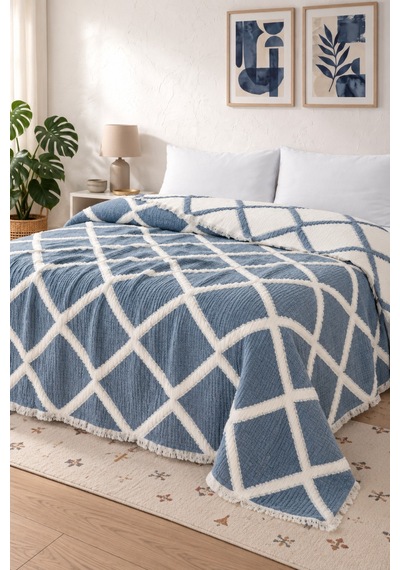 Varol Liora 7 Katlı Müslin Yatak Örtüsü Çift Kişilik Geometrik Desenli 230x250 Cm Mavi