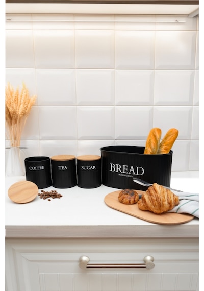 Ahşap Kapaklı Metal Ekmeklik, Çay, Kahve, Şeker 4\'lü Set Siyah Siyah