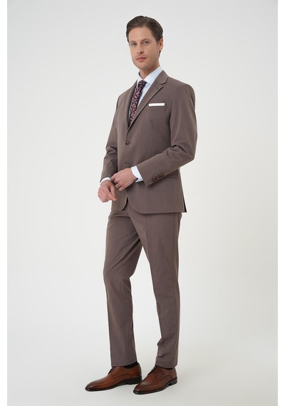 Efor Slim Fit Esnek Çift Yırtmaç Yelekli Düz Klasik Vizon Takım Elbise Tk 901 Vizon