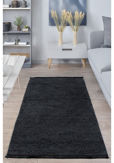 Badelya Home Antrasit Şönil Makinada Yıkanabilir Kaymaz Taban Saçaklı Pamuklu Halı Kilim Oturma Odası Salon