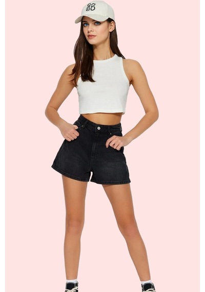 Ersefa Kadın Pamuklu Denim Şort City Short Kalıp Mom Siluet Rahat Günlük siyah