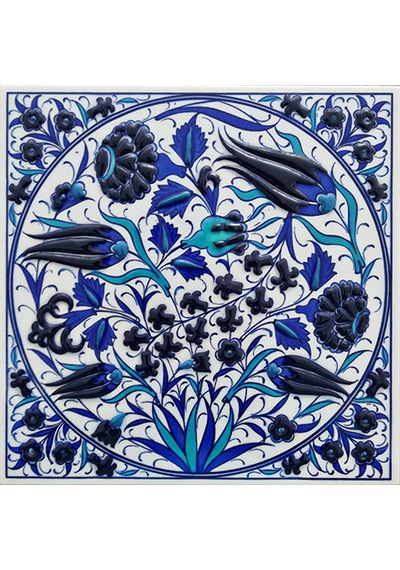 Armada Çini 20x20 Cm Ed 368 Lale Karanfil Kobalt Desenli Eldekoru Çini Karo