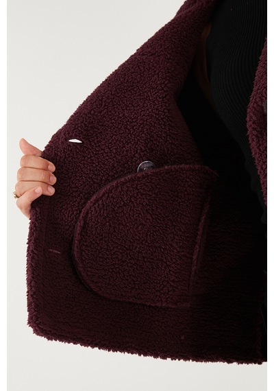 Lela Oversize Kruvaze Yaka Peluş Detaylı Suni Deri Biker Ceket Bayan Mont 6810247 Bordo