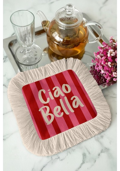 Ciao Bella Çizgili Saçaklı Sunum Peçetesi - Renkli Enerjik Bohem Krem Pembe Bardak Altlığı Mendil Çok Renkli