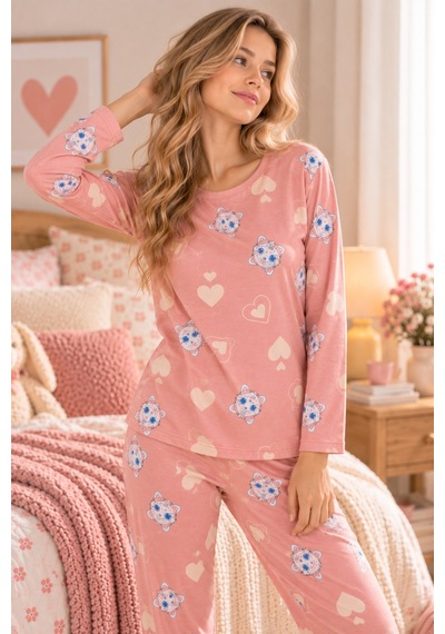 Free Beka Bisiklet Yaka Şık Desenli Rahat Ve Esnek Kumaş Uzun Kollu Kadın Pijama Takımı Pembe Free Beka Bisiklet Yaka Şık Desenli Rahat Ve Esnek Kumaş Uzun Kollu Kadın Pijama Takımı Pembe