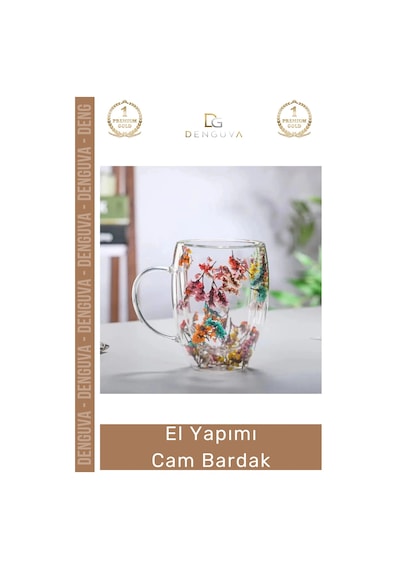 Cambardak Çift Camlı Kurutulmuş Çiçekli Borosilikat Şık Estetik Zarif Cam Handmade Bardak 250ml Çok Renkli