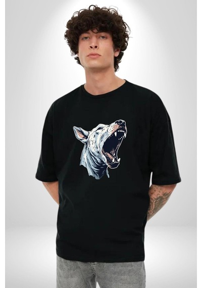 Bull Terier Köpek Havlama Pamuklu Bisiklet Yaka Unisex Oversize Boyfriend Dijital Baskılı Siyah T-shirt Siyah