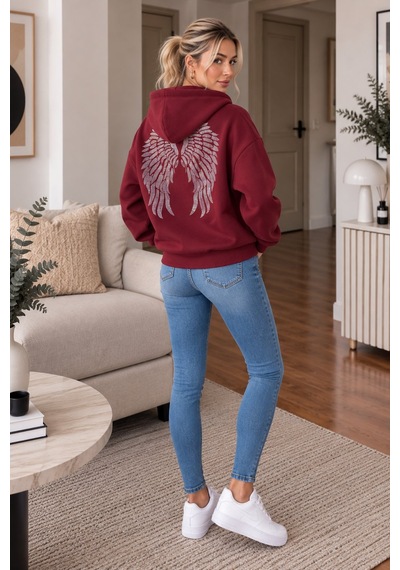 Lima Bordo Kadın Kapüşonlu Oversize Sweatshirt Kanguru Cepli Düz Renk Uzun Kollu Sweat
