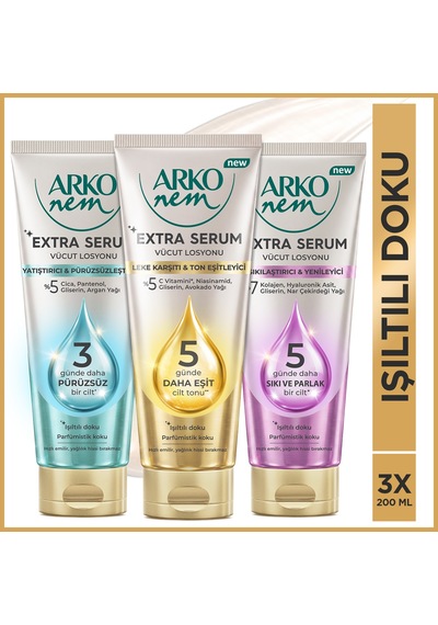 Arko Nem Extra Serum 3 Lü Vücut Bakım Losyonu Seti Çoklu Serum Etkisi 3x200 Ml