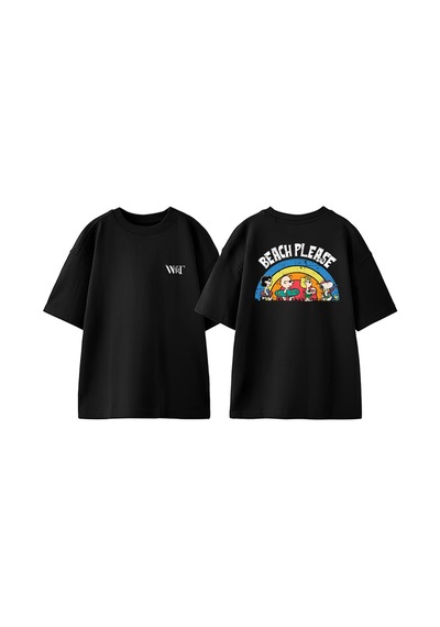 Thewert Beach Please Tasarım Sırt Baskılı Pamuk Siyah Oversize T-shirt