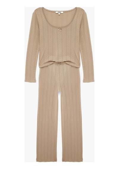 Koton Pamuklu U Yaka Fiyonk Detaylı Uzun Kollu Pijama Takımı Kahverengi 7wlk40212mk Kahve