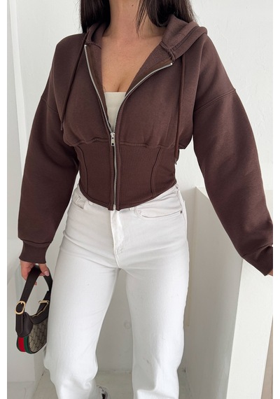 Kadın Siyah Fermuarlı Hoodie Minimal Sokak Ruhuyla Kahverengi