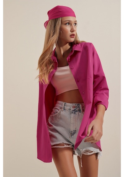 Bigdart 3900 Oversize Uzun Basic Gömlek - Koyu Pembe 001