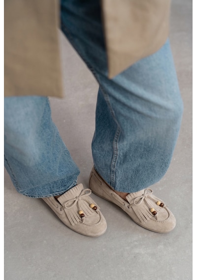 Giamgia Store Püsküllü Boncuk Detaylı Krem Süet Makosen Loafer Ayakkabı-2366