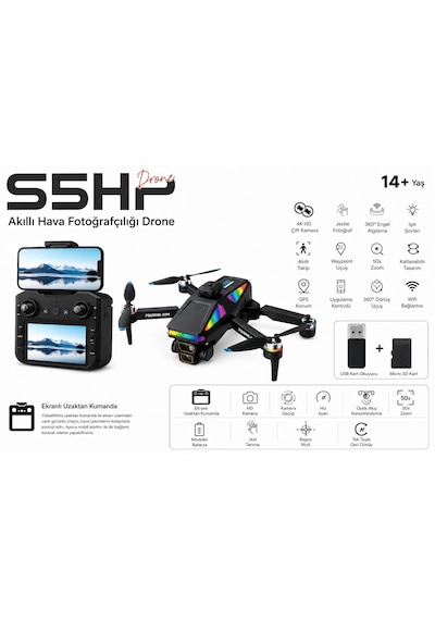 S5hp Drone Akıllı Hava Fotoğrafçılığı Dron 4k Hd Çift Kamera 360 Derece Engel Algılama 50xzoom Usb Kart Okuyucu+ Micro Sd Kart Hediye Katlanabilir Wifi Cam Uygulama Kontrol Ekrablı Uzaktan Kumanda