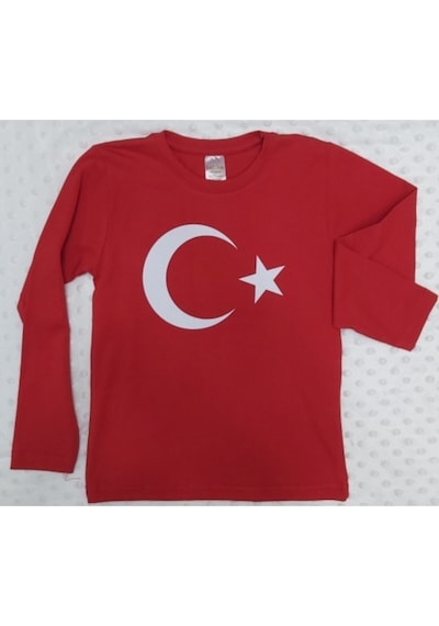 Lollico Unisex Çocuk Kırmızı Ay Yıldız Türk Bayraklı Uzun Kollu T-shirt KIrmızı
