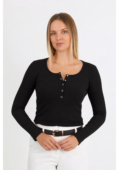 Hdm Kadın Siyah Uzun Kollu Fitilli Patlı Çıtçıtlı Basic Örme Bluz - H6172