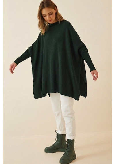 Onno Style Women Düz Triko Standart Panço Yeşil