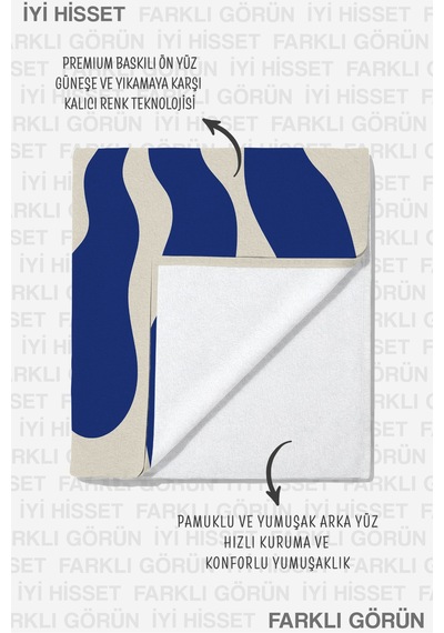 Soyut Deniz Yosunu Plaj Havlusu - Akdeniz Minimalist Lacivert Ekru Hızlı Kuruyan Mikrofiber Havlu Uçuk Gölgesi