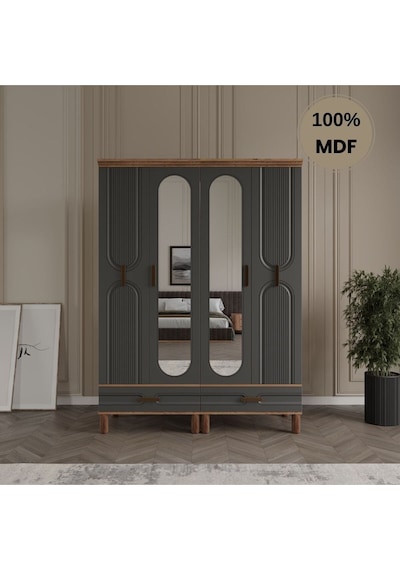 Zen 4 Kapak Ayaklı Tasarım Country Mdf Gardırop Antrasit