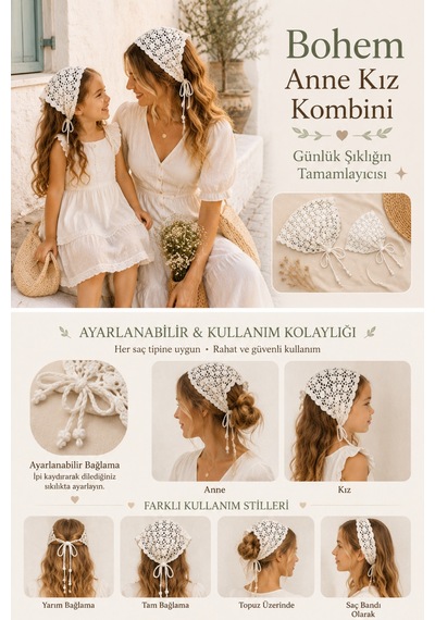 Anne Kız Kombin Bandana El Örgüsü Saç Bandı Bohem Stil Ayarlanabilir 2li Set Beyaz 19218290