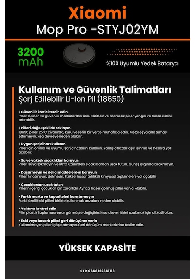 Xiaomi Mi Vacuum Mop Pro STYTJ02YM Uyumlu 3200mAh Robot Süpürge Bataryası