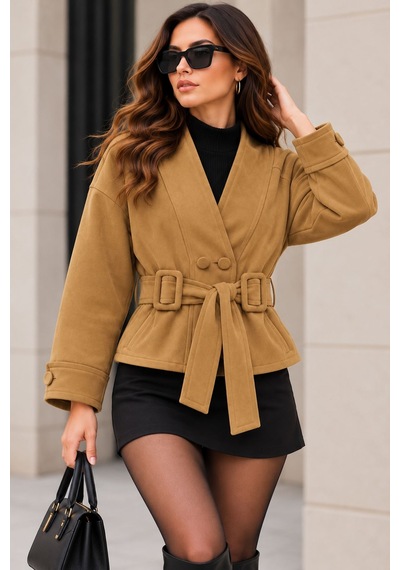 Neşeli Butik Kadın Camel Süet Dokulu V Yaka Çift Düğmeli Tokalı Kuşaklı Oversize Ceket Nbk020