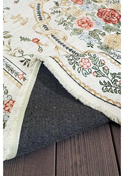 Oval Vintage Gül Desenli Krem Kilim Fransız Klasik Şık Salon Oturma Odası Halısı Krem Krem