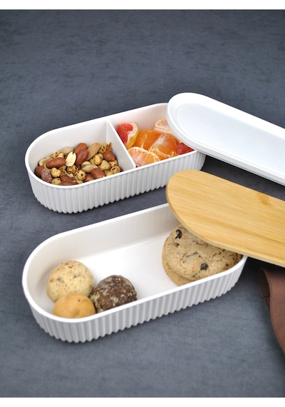 2'li Ahşap Kapaklı Lunch Box Saklama Kabı Ve Beslenme Kutusu - 2x500 Ml Krem