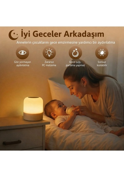 Şarjlı Kablosuz Gece Lambası Led Dokunmatik Kumandalı 3 Renk Modlu Dimmerli Zaman Ayarlı Masa Lambas Çok Renkli