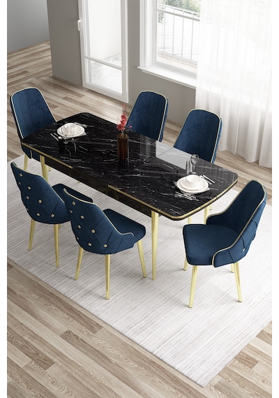 Canisa Concept Tia Serisi 80x132 Mdf Açılabilir Siyah Mermer Desen Gold Detay Masa Takımı Ve 6 Lacivert Sandalye Masa Siyah Mermer Desen Sandalye Lacivert