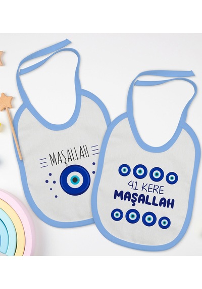 BK Kids Maşallah Tasarımlı 2’li Mavi Mama Önlüğü-1 Mavi