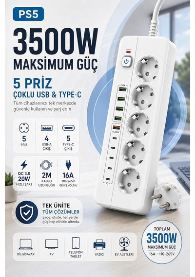 5'li Akım Korumalı Priz 3500w 16a, 4 Usb-a Ve 5 Type-c Çıkışlı, Qc 3.0 20w Hızlı Şarj, 2 Metre Kablolu Çoklu Priz Ps-5 Diğer