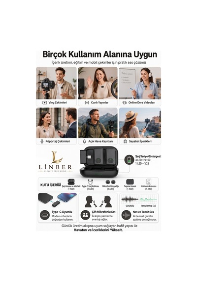 Siyah Kablosuz Yaka Mikrofonu Type-c Girişli Şarj Kutulu 2 Verici 1 Alıcı 48khz 24bit Gürültü Engellemeli. Siyah Siyah