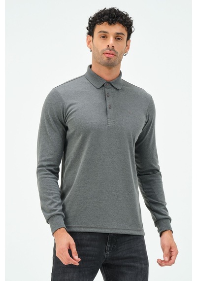Uzun Kollu Regular Fit Erkek Polo Yaka T-shirt Gri