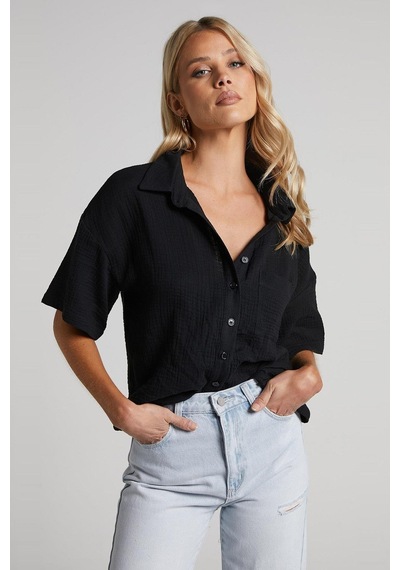 Madmext Siyah Muslin Kumaş Basic Kadın Gömlek Mg1784-siyah Siyah