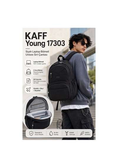 Kaff Young 17303 Siyah Laptop Bölmeli Unisex Sırt Çantası
