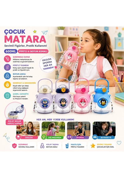 Yakut-14003 Çocuk Matara 600ml Suluk Renkli Tombul Tutmalı Figürlü Plastik Pipetli Boyun Asmalı Diğer