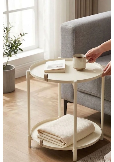 Çift Tepsili Katlanır Orta Yan Yuvarlak Sehpa Metal Ayak - Modern Sehpa 50cm 44 Cm Tepsi Deri Kulplu Krem